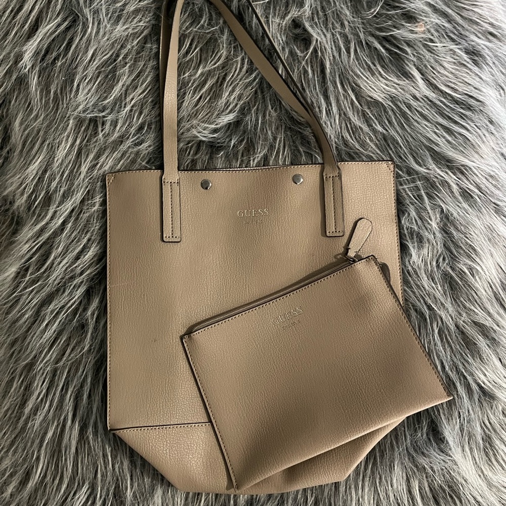 GUESS Taupe Tote bag with matching zippered case. Barely used.